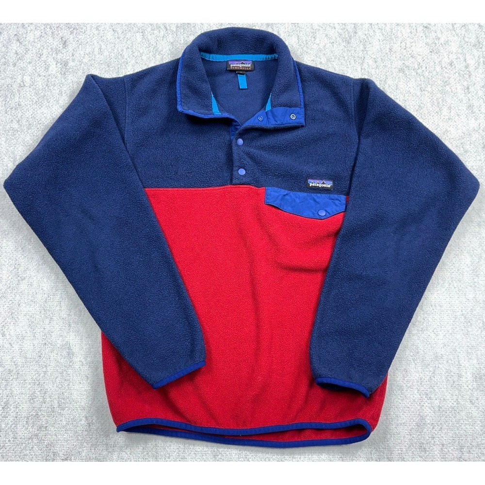 Patagonia Synchilla Sweater Men Small Pullover Snap T Red Blue Colorblock Fleece
